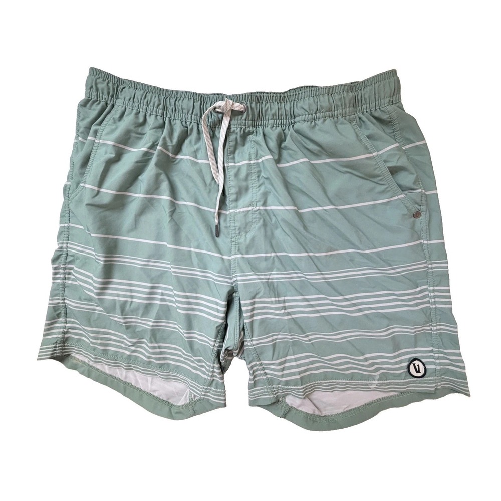 Vuori Men's XXL Swim Trunks Green White Stripe Stretch Drawstring Volley Shorts